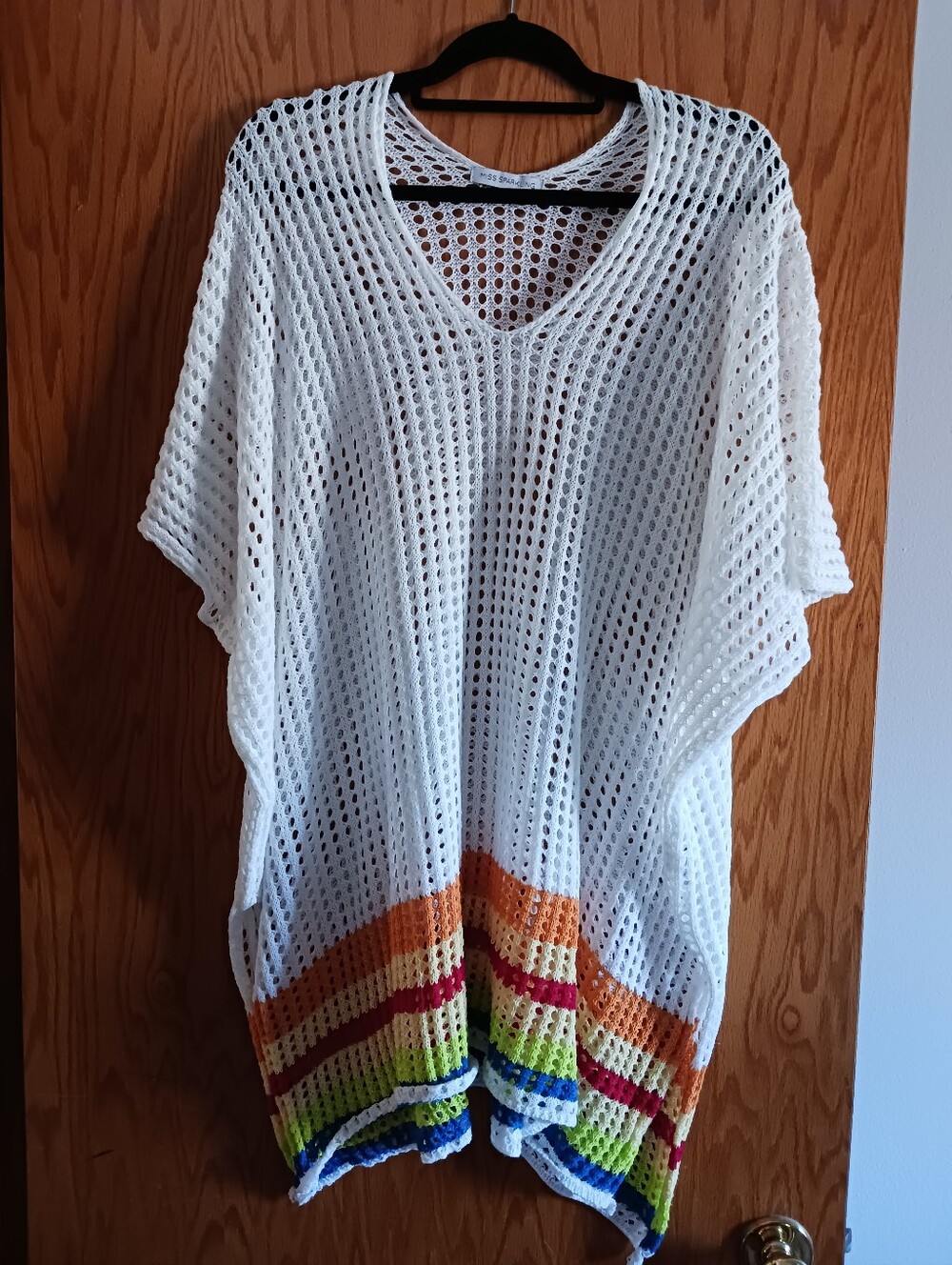 White Crochet V-Neck Tunic with Multicolor Striped Hem